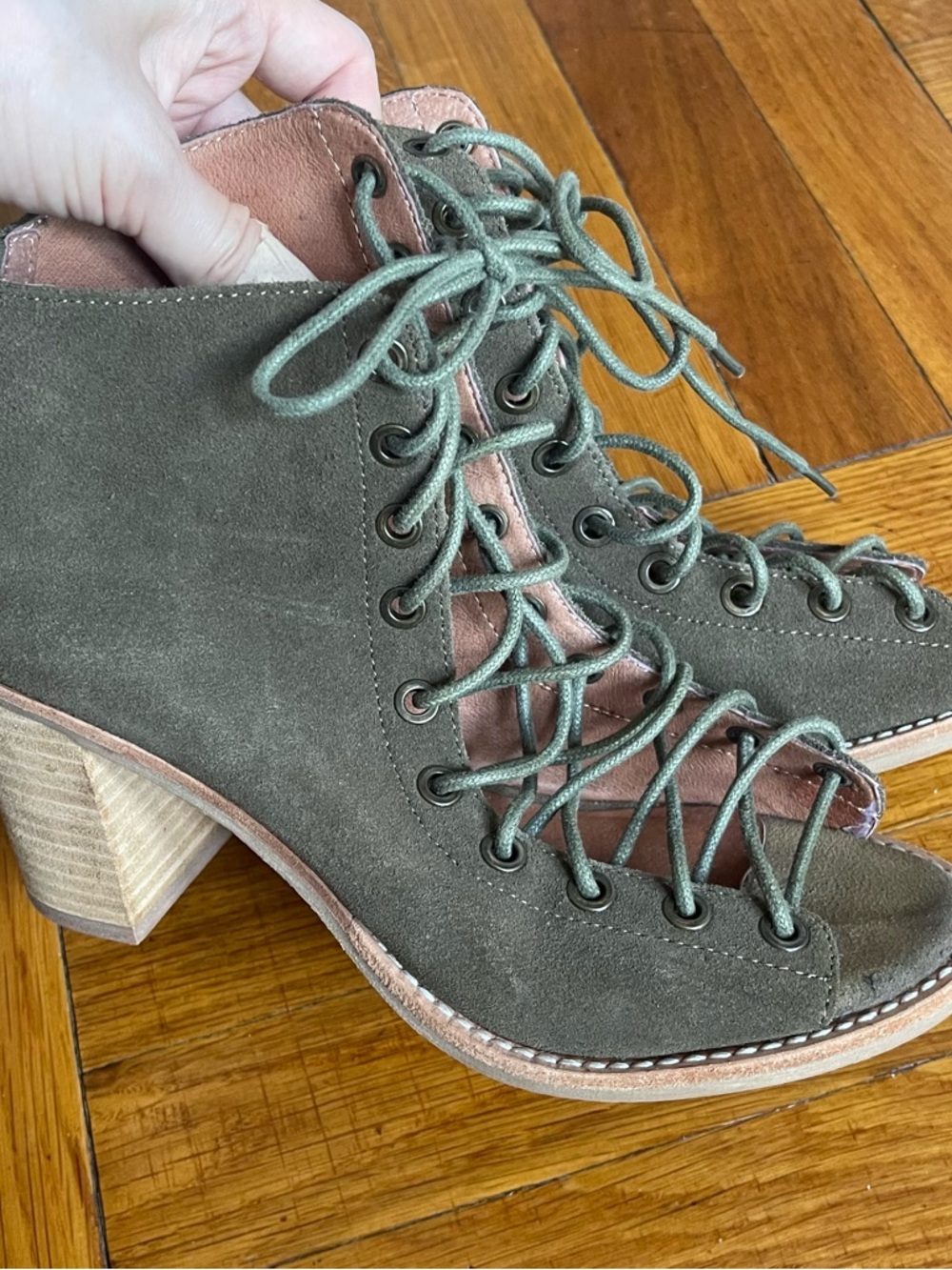 Jeffrey Campbell Olive Suede Lace-Up Peep Toe Block Heel Boots